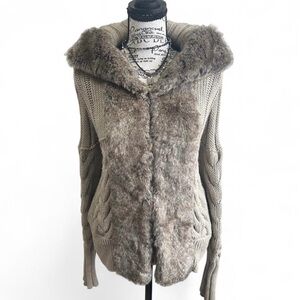 DKNY Cable Knit Sweater Faux Fur Trim